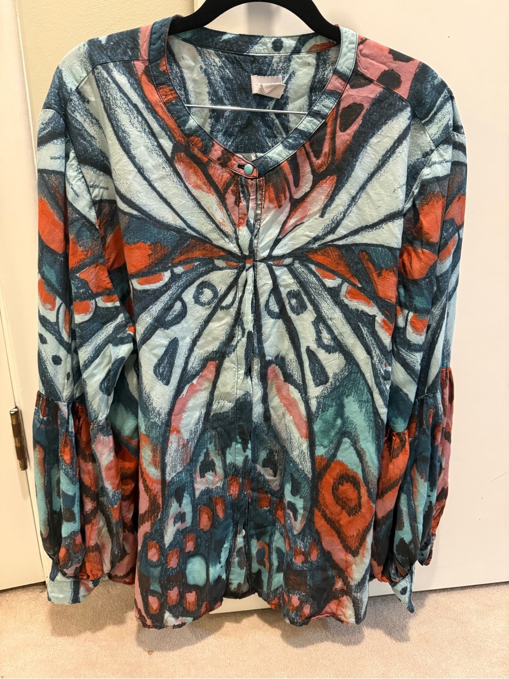 Chico's Teal, Rust & Navy Abstract Butterfly-Print V-Neck Blouse